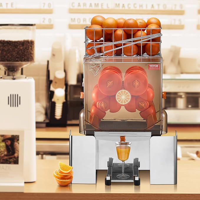 VEVOR Commercial Orange Juicer Machine, 120W Automatic Juice Extractor, Stainless Steel Orange Squeezer for 20 Oranges Per Minute, with Pull-Out Filter Box, PC Cover, 2 Peel Collecting Buckets