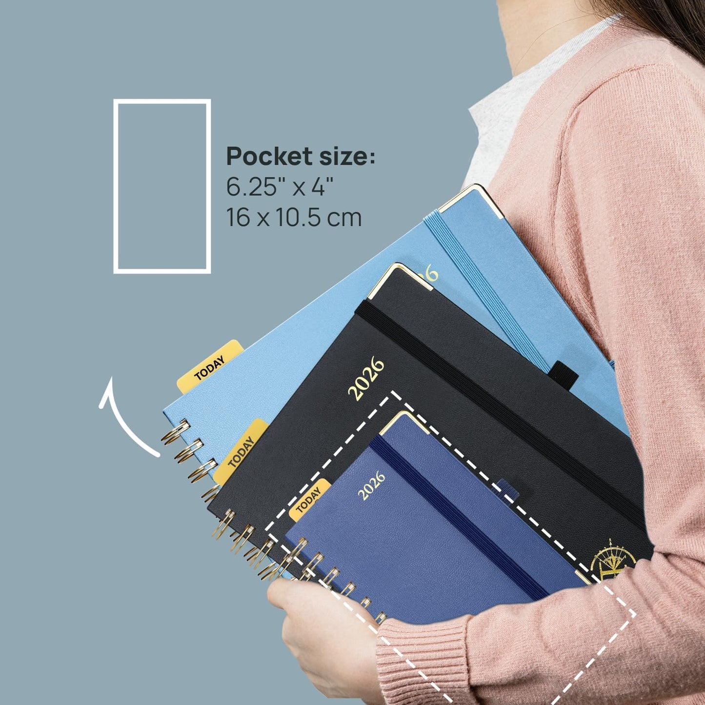 POPRUN 2026 Planner (Pocket Size 4''x 6.25'' Wire-Bond Hard Cover) Calendar Weekly and Monthly (Jan.2026-Dec.2026) Small Planner with Hourly Time Slots, for Purse, 100 GSM - Black