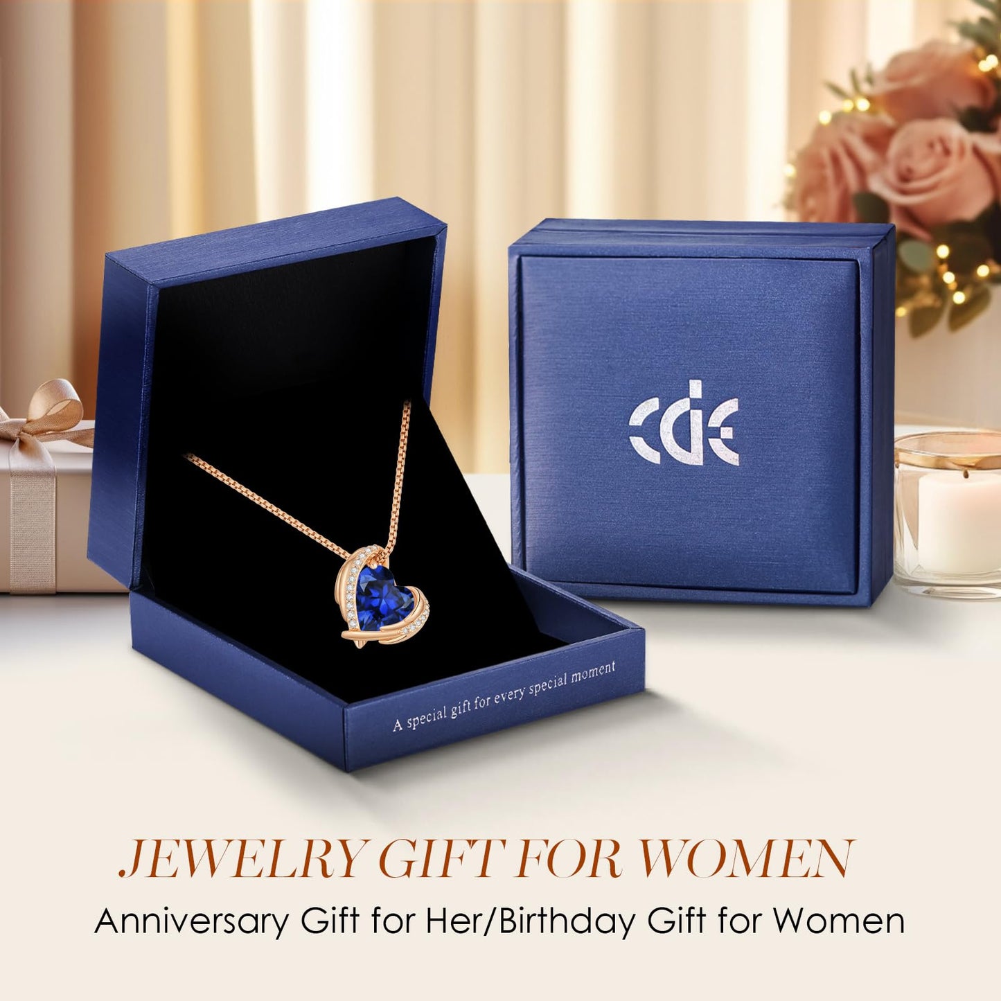 CDE Love Heart Pendant Necklaces for Women, Silver Tone Rose Gold Tone Birthstone Jewelry Gifts for Wife Her