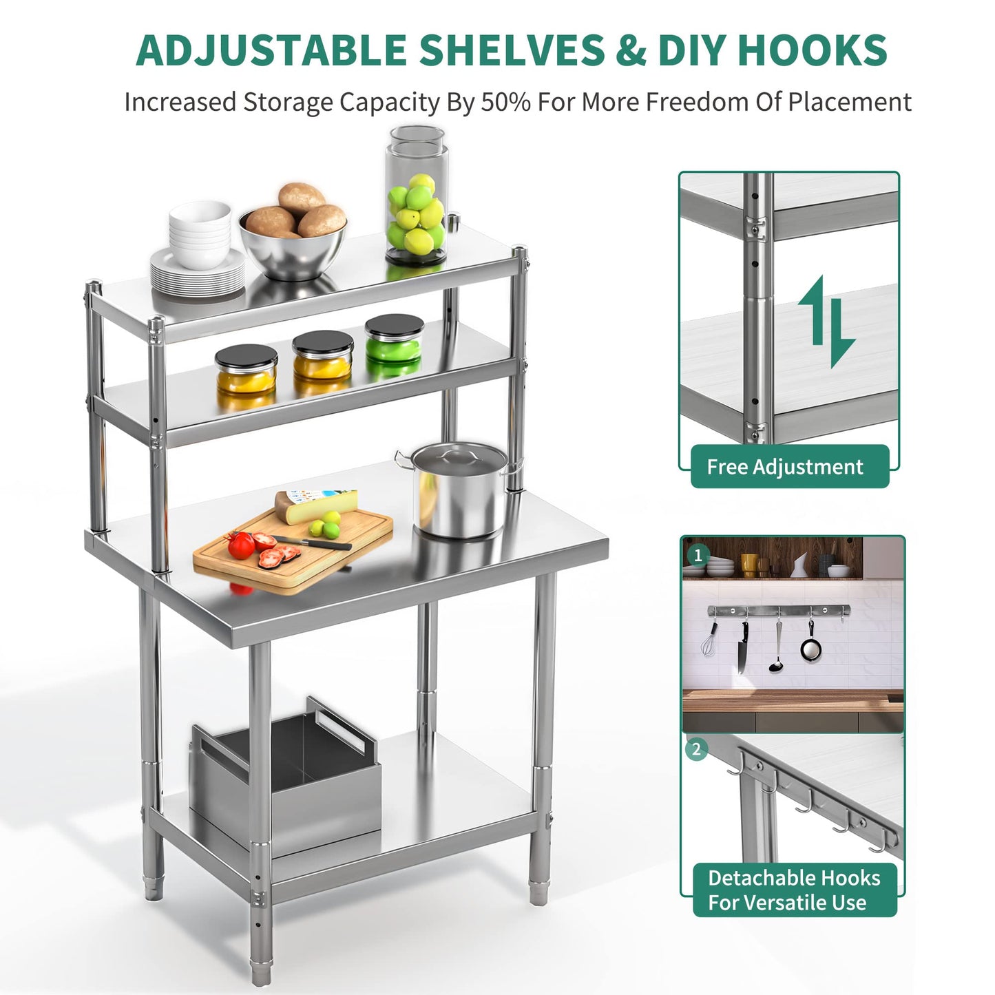 YITAHOME NSF Stainless Steel Table with Overshelf, 36" X 24" Work Table and 36" X 12" Shelf, Metal Prep Table for Home, Kitchen, Restaurant, Garage, Warehouse
