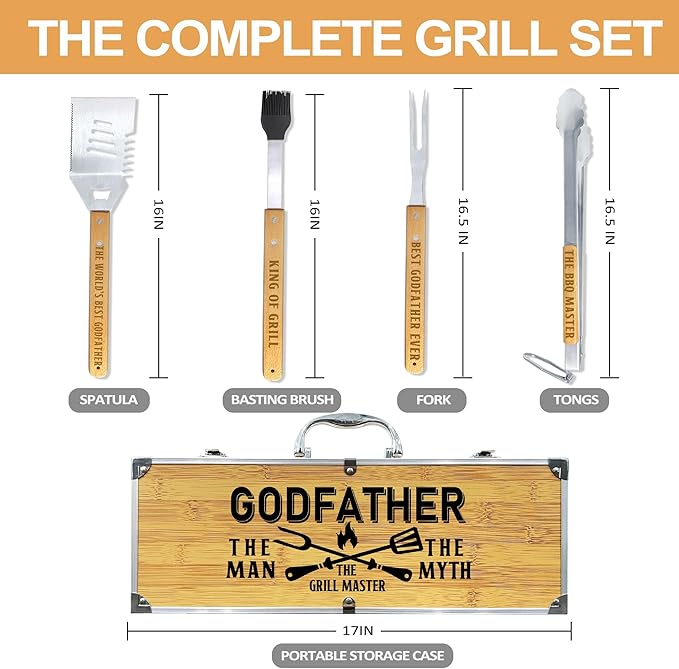 Godfather Gift, Christmas for Godfather Heavy Duty Wooden BBQ Grilling Accessories Kit for Backyard, Thick Stainless Steel Grill Utensils with Non-Slip Handle Tools in Portable Bag Birthday
