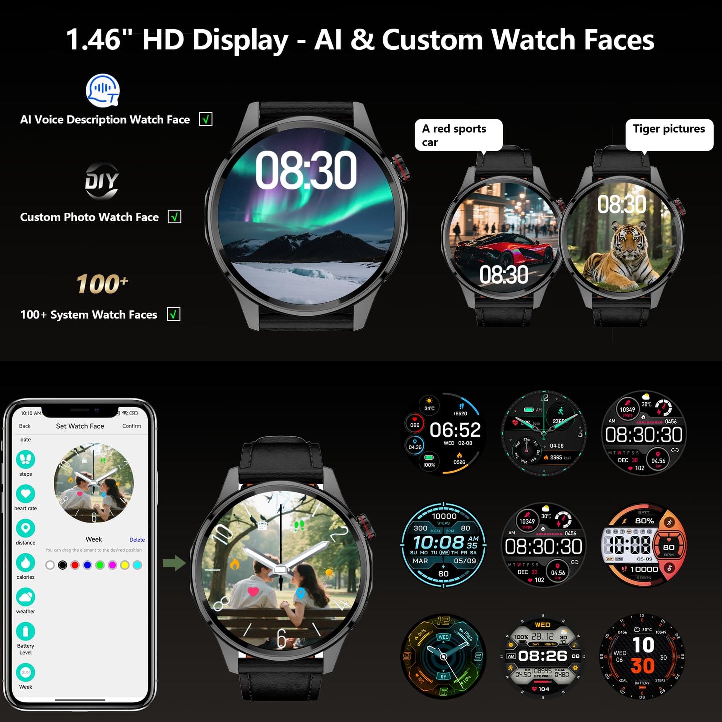 Smart Watch for Men Built-in GPS, 1.46" AI Smartwatch with Health Monitor for Android Phones/iPhone, 100+ Sport Modes Fitness Tracker with Compass/Altitude/Barometer,Bluetooth Call/Text Reply(2 Bands)