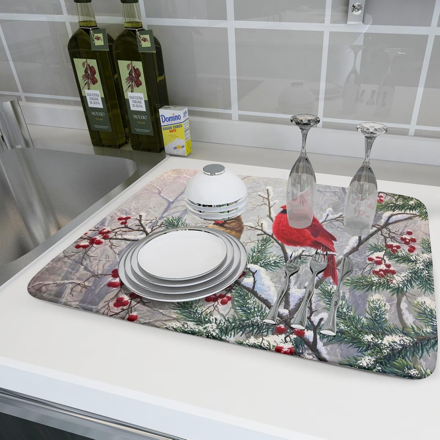 Red Bird Dish Drying Mat Merry Christmas Dishes Pad Absorbent Fast Dry Dish Drainer Mat Protector for Kitchen Counter 18 x 24 Inches