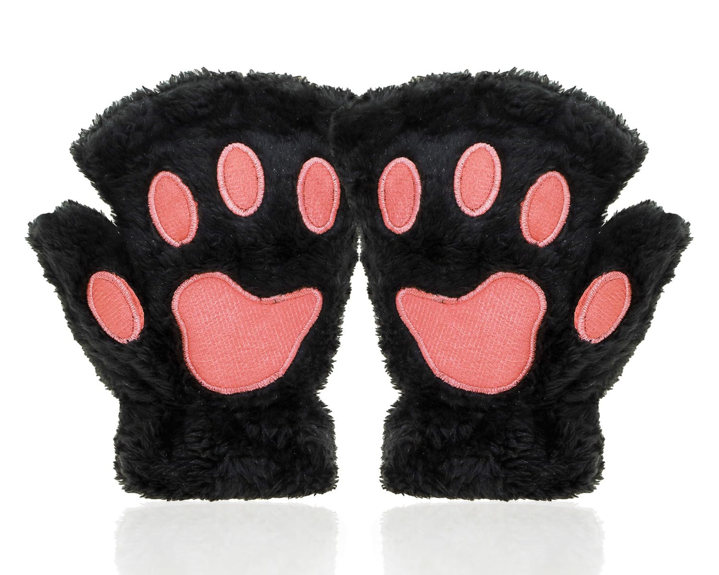 PENTA ANGEL Cat Paw Gloves Christmas Winter Plush Fingerless Gloves for Women Girls Adults Halloween Costume Accessories (Black)
