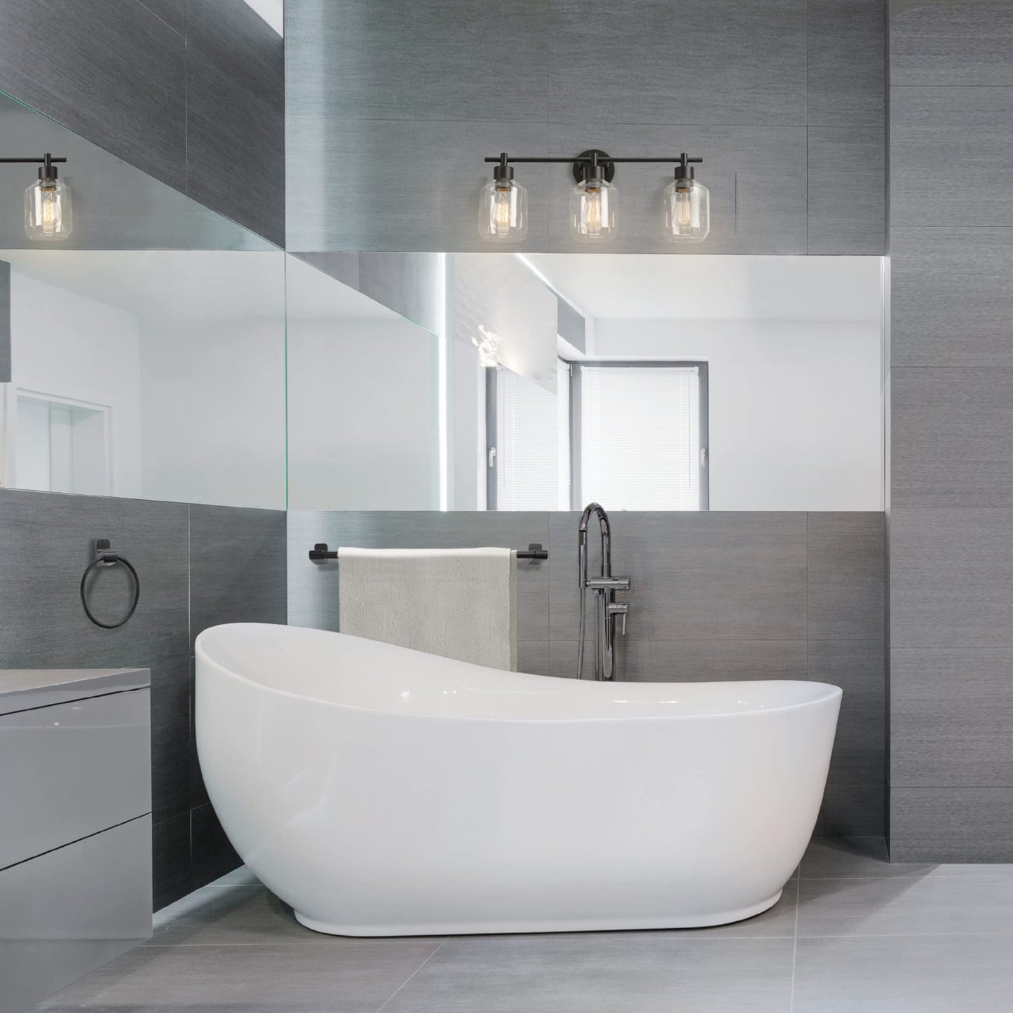 Globe Electric Cannes 5-Piece Bathroom Set, Matte Black, Metal, 3-Light Vanity Light, 11.75 inches, Model 65556
