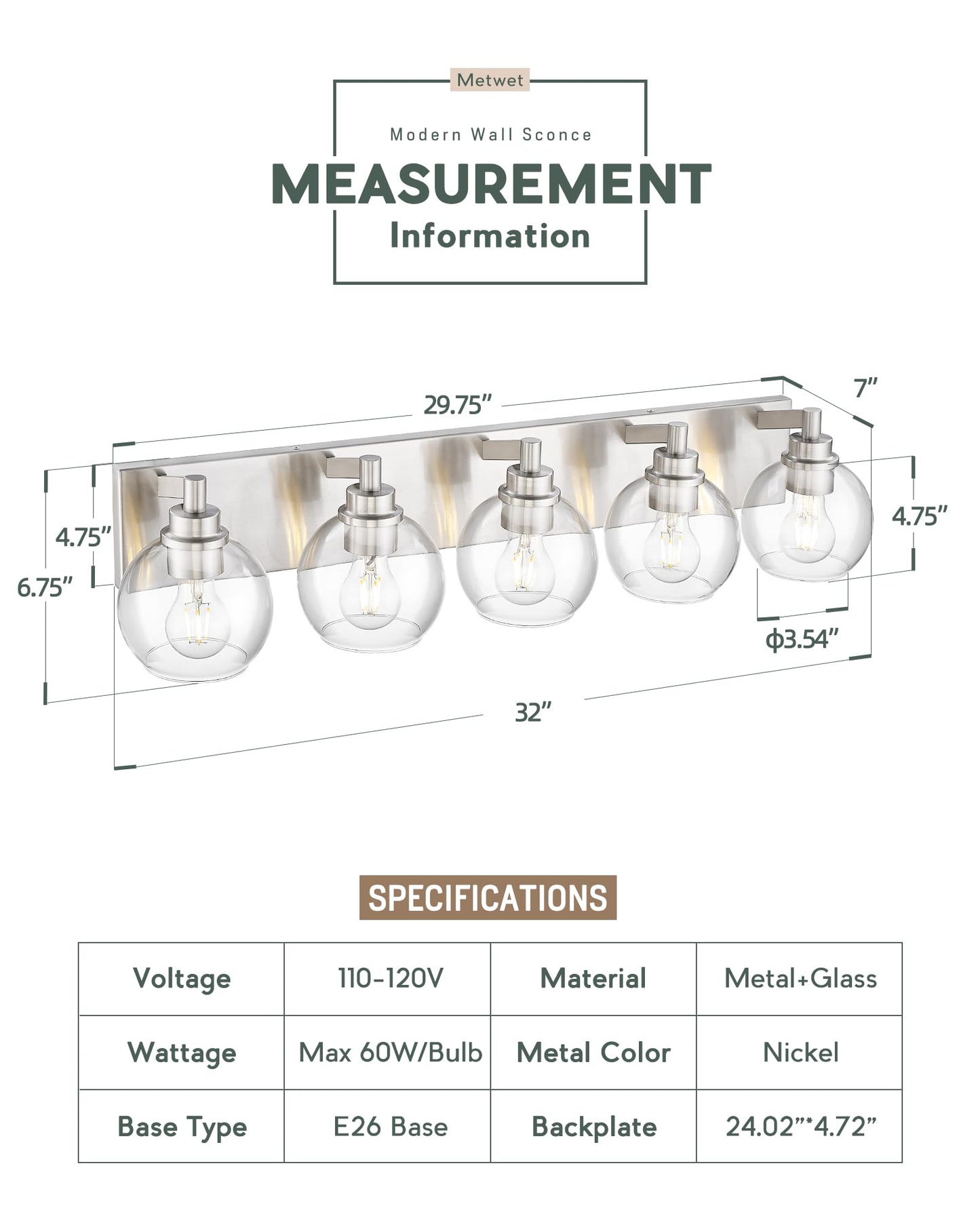 Metwet Bathroom Light Fixtures  5 Light Brushed Nickel Vanity Light  32 Inch Modern Wall Sconces With Globe Clear Glass Shade  Vanity Lighting Fixtures Over Mirror  Vl195-Bn-Cl-5