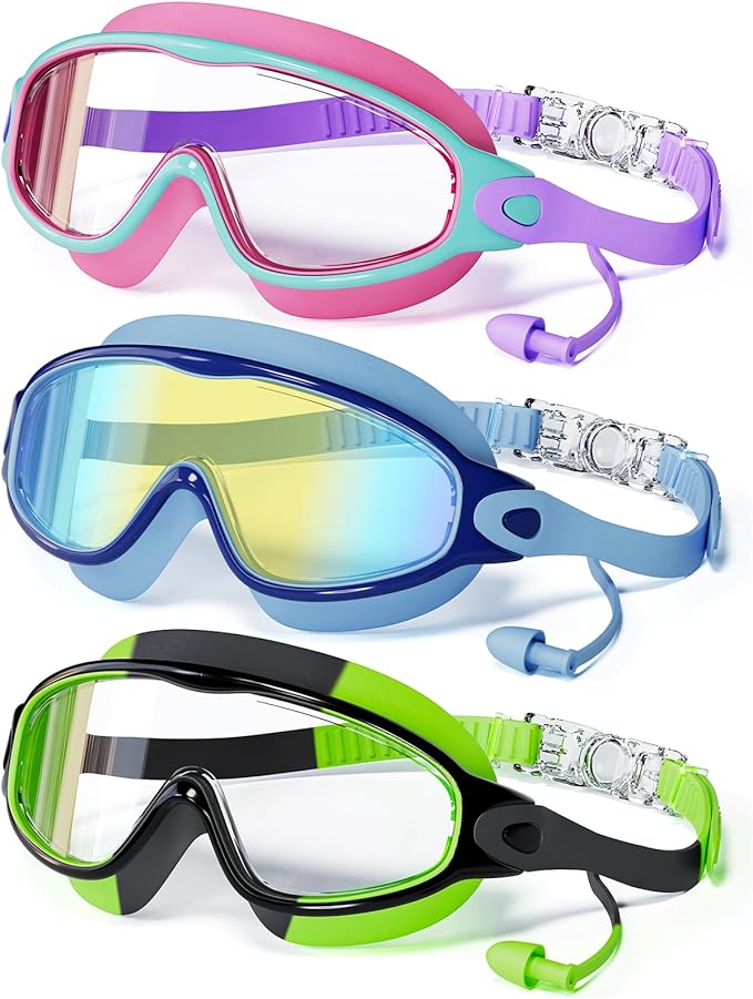 CMBJJU 3 Pack Swimming Goggles, Kid Goggles with Earplugs Large Frame Anti-Fog/UV Wide View Swim Goggles Boys Girls 4-12