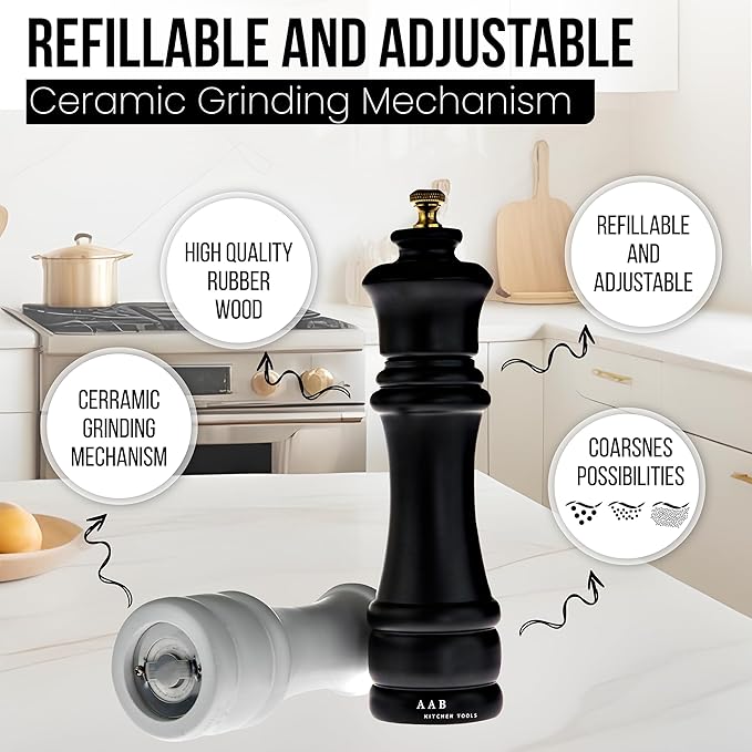 Wooden Black and White, Manual Refilable Large Salt And Pepper Grinder Set, Shaker with Adjustable Ceramic Grinding Mechanism for Customized Coarseness, 8 inches Large, Pack of 2