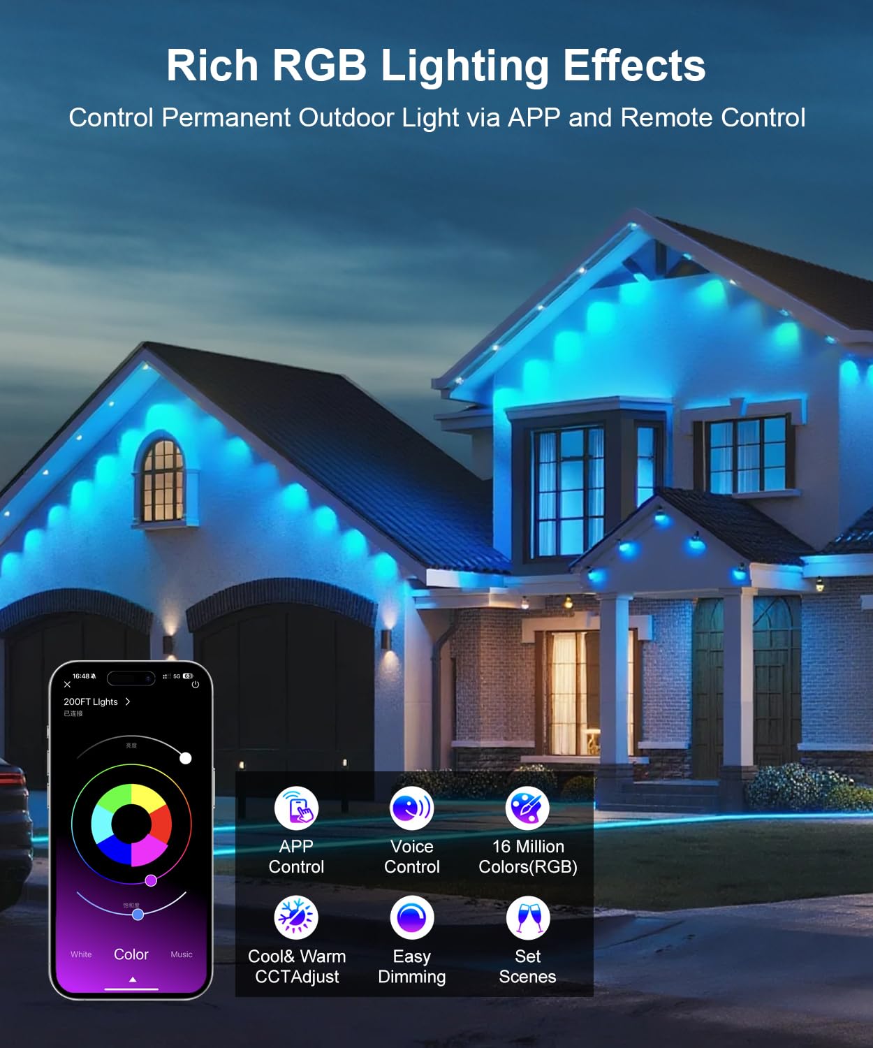 Fussion 300ft Smart RGB LED Outdoor Lights, IP67 Waterproof, Remote Control, Model LX20250312-90M, White