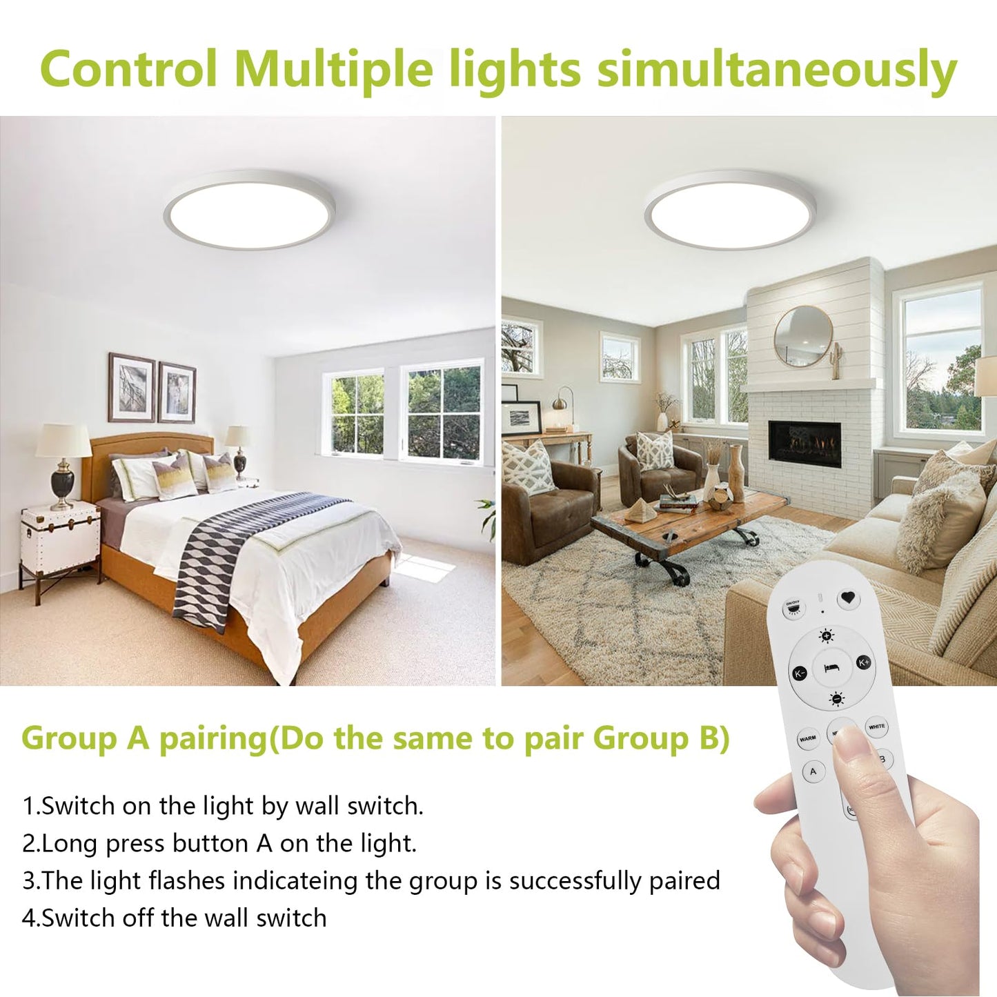 YELIOLED 20in LED Flush Mount Ceiling Light, 4200LM, Dimmable, Adjustable 2700K-6500K, Remote Control, White, Model LA-RC