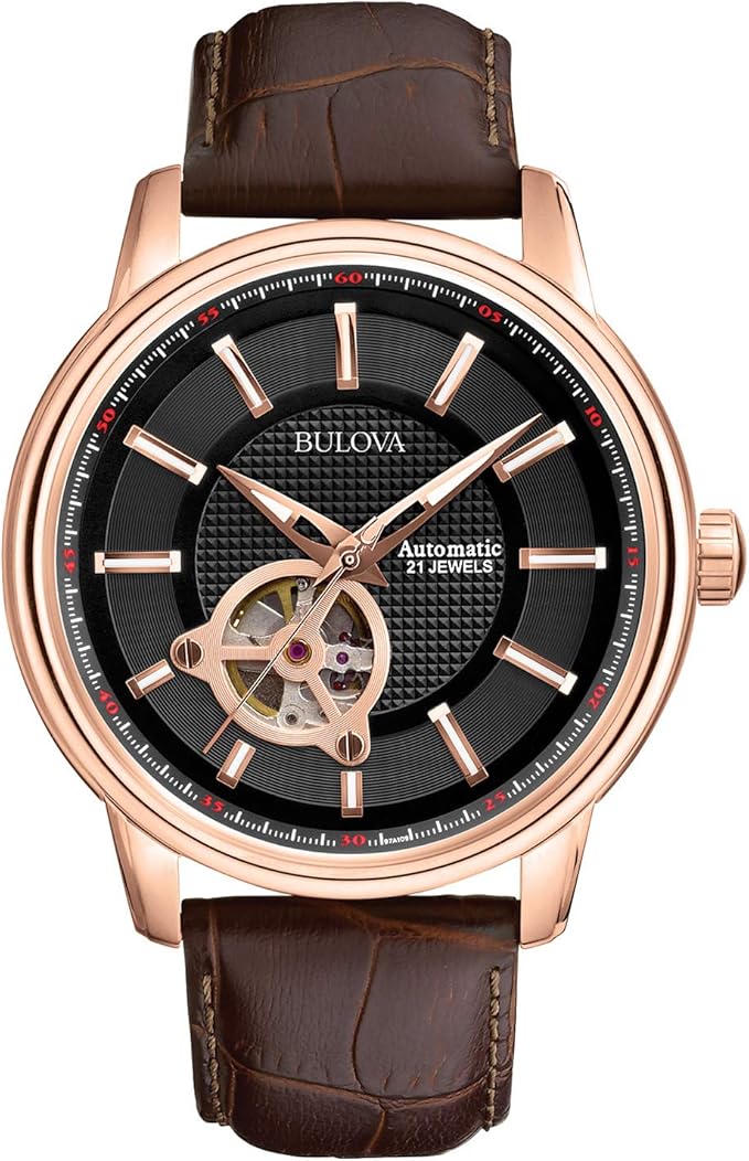 Bulova Men's Classic 3-Hand Automatic Leather Strap Watch, 21-Jewels, Hack Feature, Luminous Hands and Markers,Open Apertu...