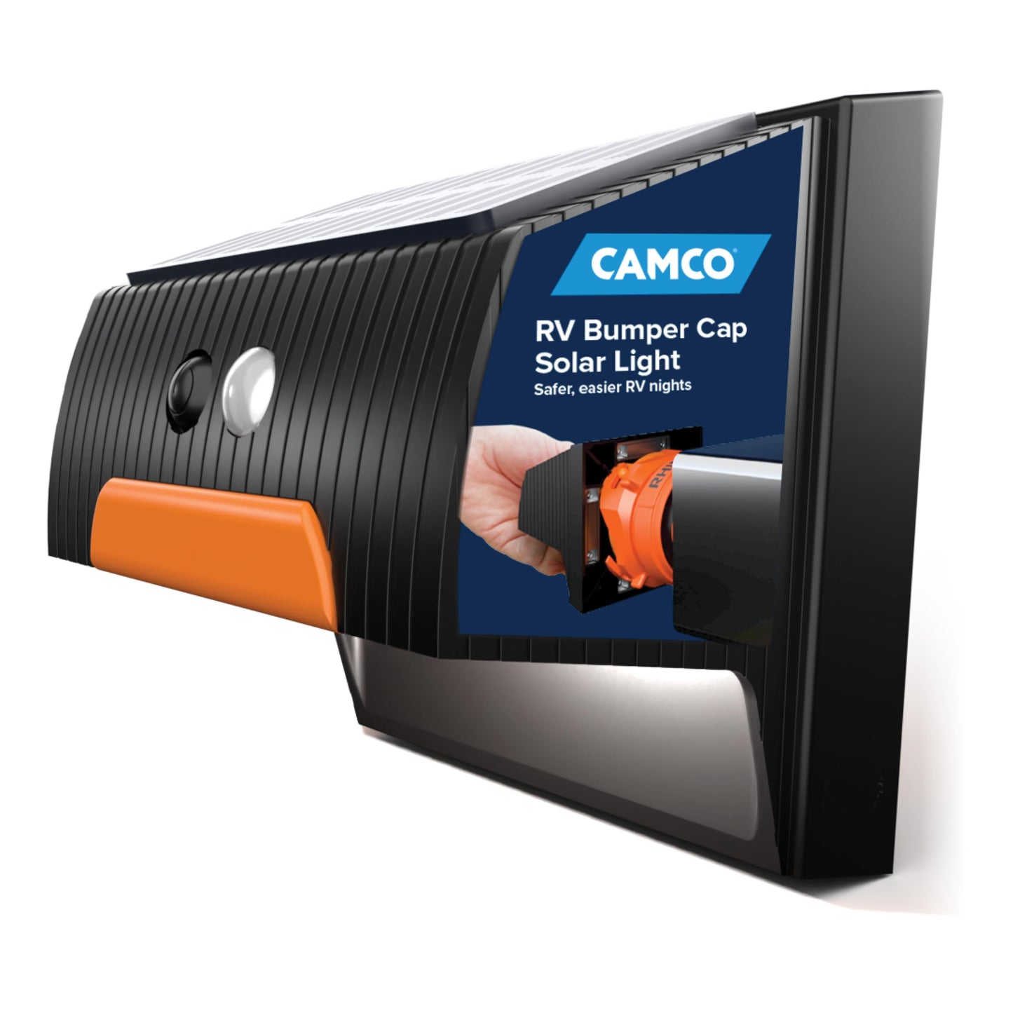Camco RV Bumper Cap Solar Light - Motion-Activated Lighting - Fits 4 Square RV Bumpers - Helps Keep Bugs Out & Allows for RV Sew