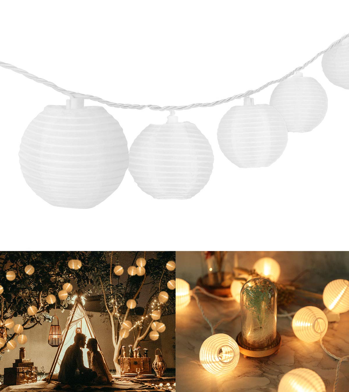 TIGOMOOV Mini Lantern String Lights, 20CT Connectable, 3 Inch White Nylon Globe Lights for Outdoor and Indoor Decor