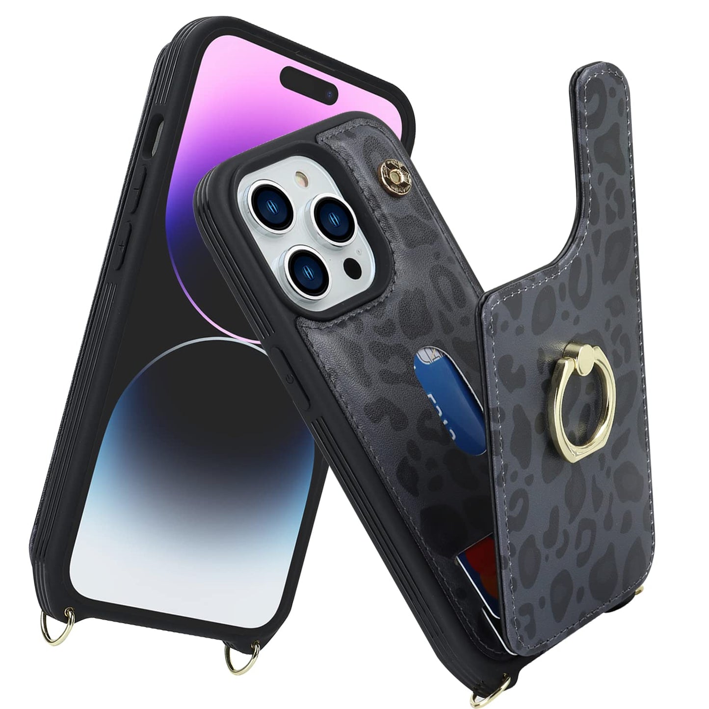 Lipvina For Iphone 14 Pro Case With Card Holder For Women,Phone Case With Strap,Crossbody Lanyard,Ring Stand,Snap Clasp,Cute Wal