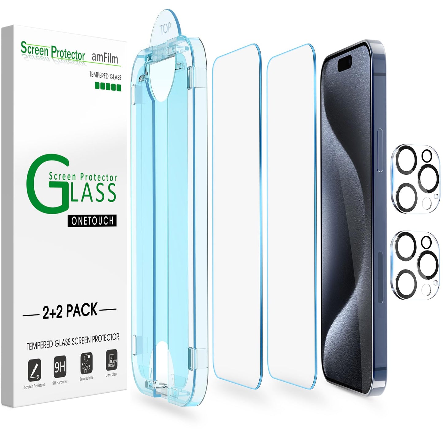 Amfilm Easiest Installation Onetouch For Iphone 15 Pro Max Screen Protector [6.7 Inch] Tempered Glass + Camera Lens Protector, A