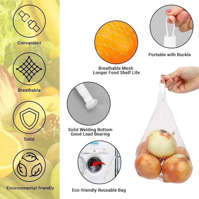 100 Pack Mesh Bags for Vegetables, Seafood Boil Bags with Loop-Style Closures, Reusable Produce Bags for Crawfish Boil Crab Boil Garden Trellis Fruit Hammock Onion Storage, 19.7 inch White