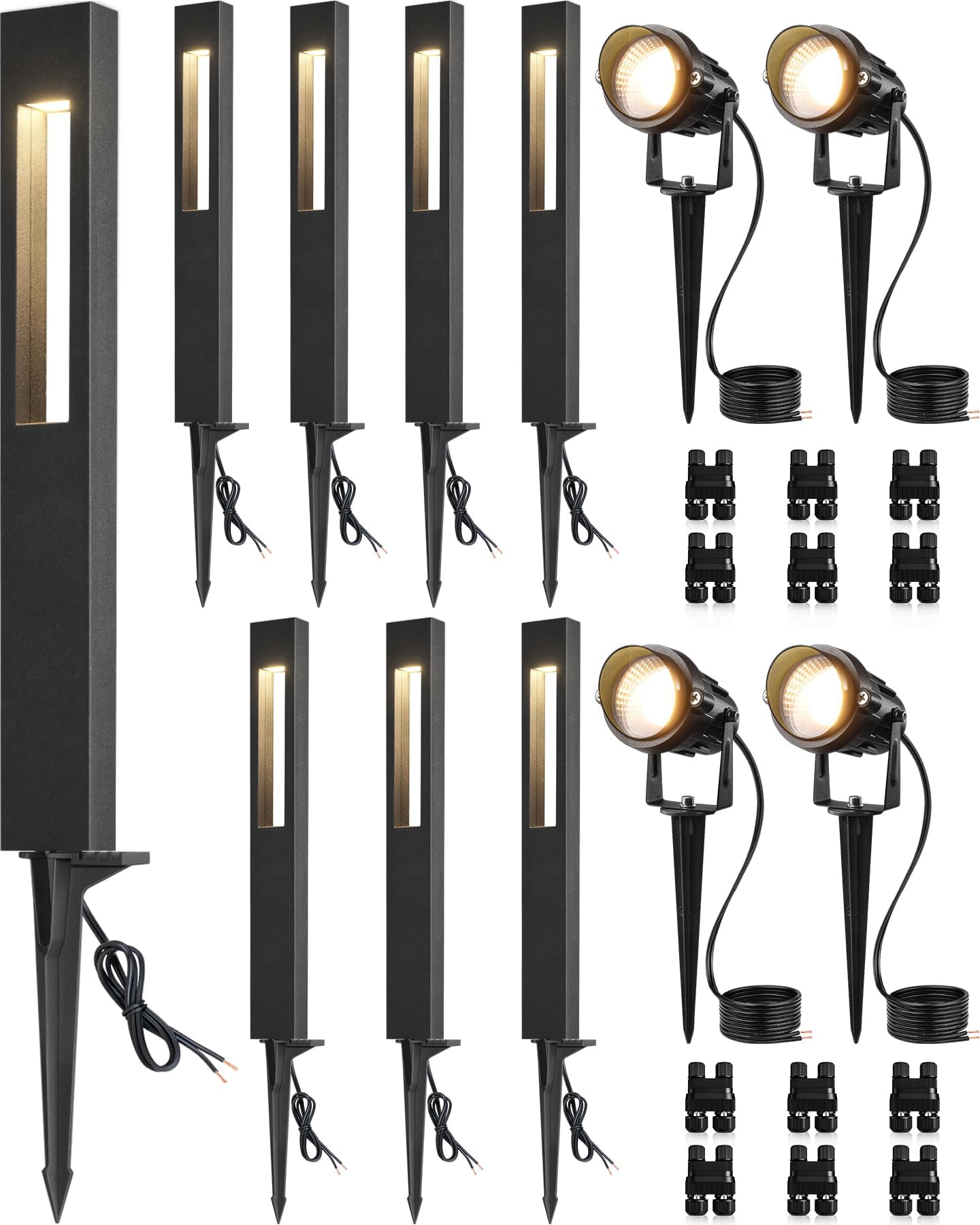Sunvie 12-Pack Low Voltage Pathway Lights Wired With Spotlights Led Outdoor Landscape Lighting Kit For Path  Garden  Yard  Patio  Cast-Aluminum  Ip65 Waterproof  12-24V Ac/Dc  3000K Warm White  Black