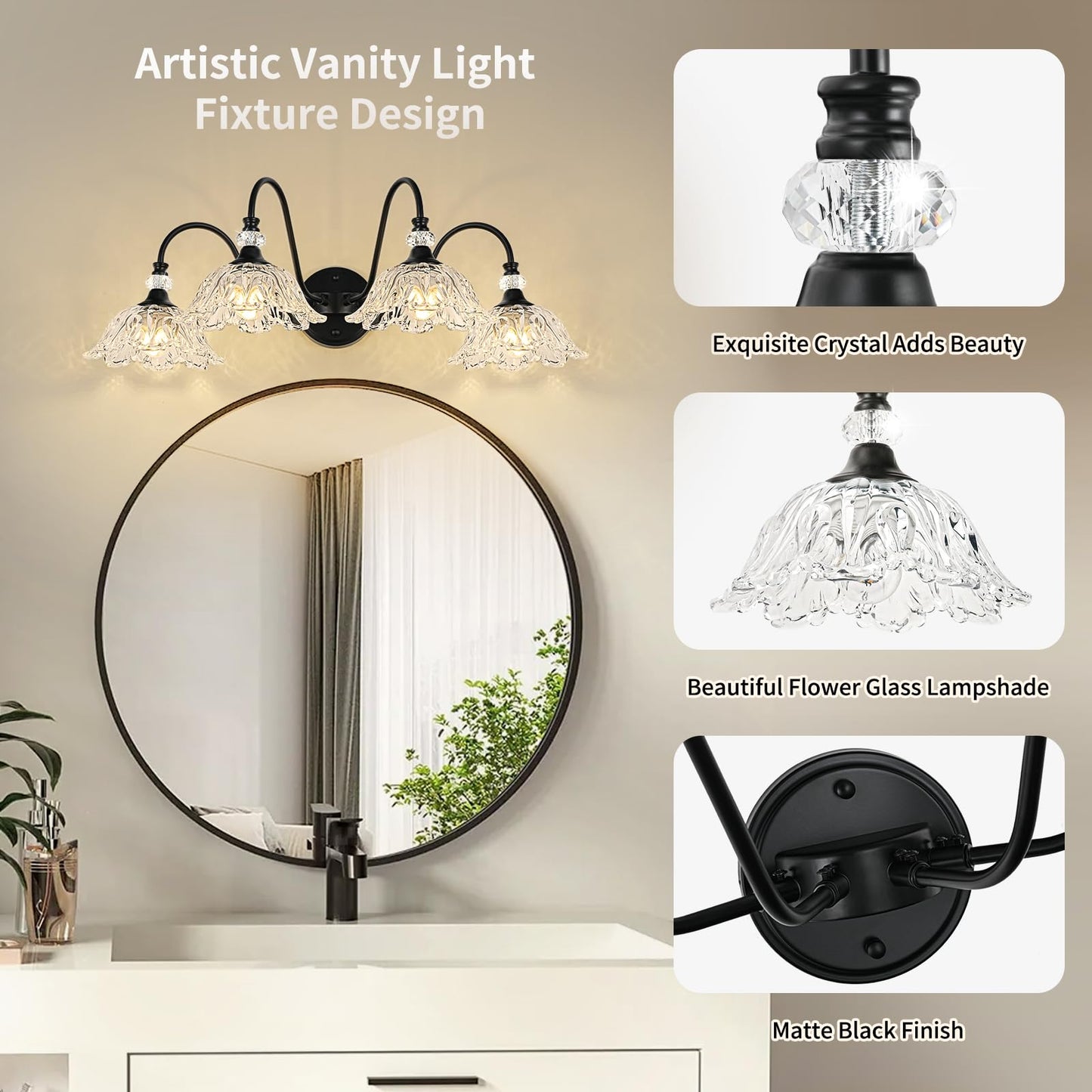 Sunkryster 4-Light Matte Black Bathroom Vanity Light  Farmhouse Vanity Light With Floral Clear Glass Shades  Vintage Wall Mount Lighting For Bathroom