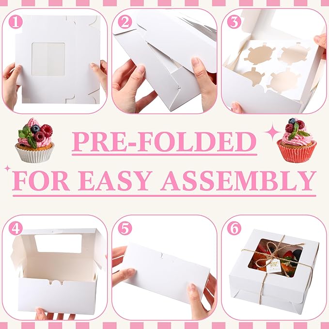 36 Pack Cupcake Boxes Hold 4 Count Christmas Disposable Cupcake Containers with Window and Cake Carrier with Thanks Card and Jute Rope to Muffins Cupcakes Cookies Gift Wrapping (White)