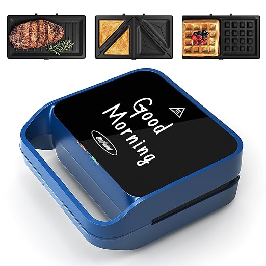 Sunvivi Pro Sandwich Maker Panini Press Grill, 3 in 1 Electric Waffle Maker with Removable Non-stick Plates, with Glass Top, Cool Touch Handle & Easy to Clean, 850W