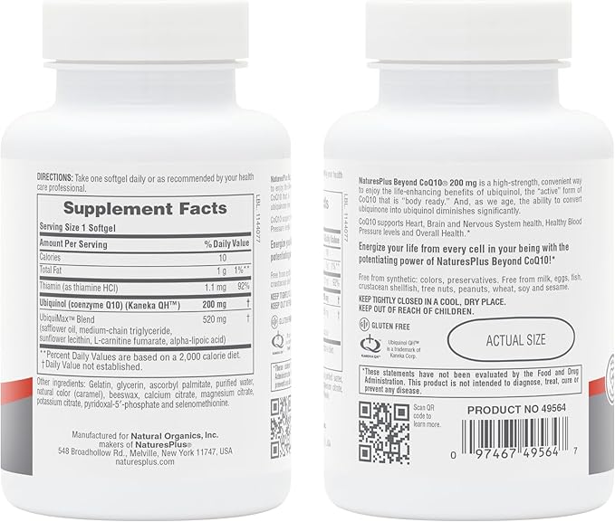 Natures Plus Beyond CoQ10-200 mg Ubiquinol - 30 Easy to Swallow Softgels - High Potency, High Absorption Supplement, Promotes Heart Health, Antioxidant - 30 Servings