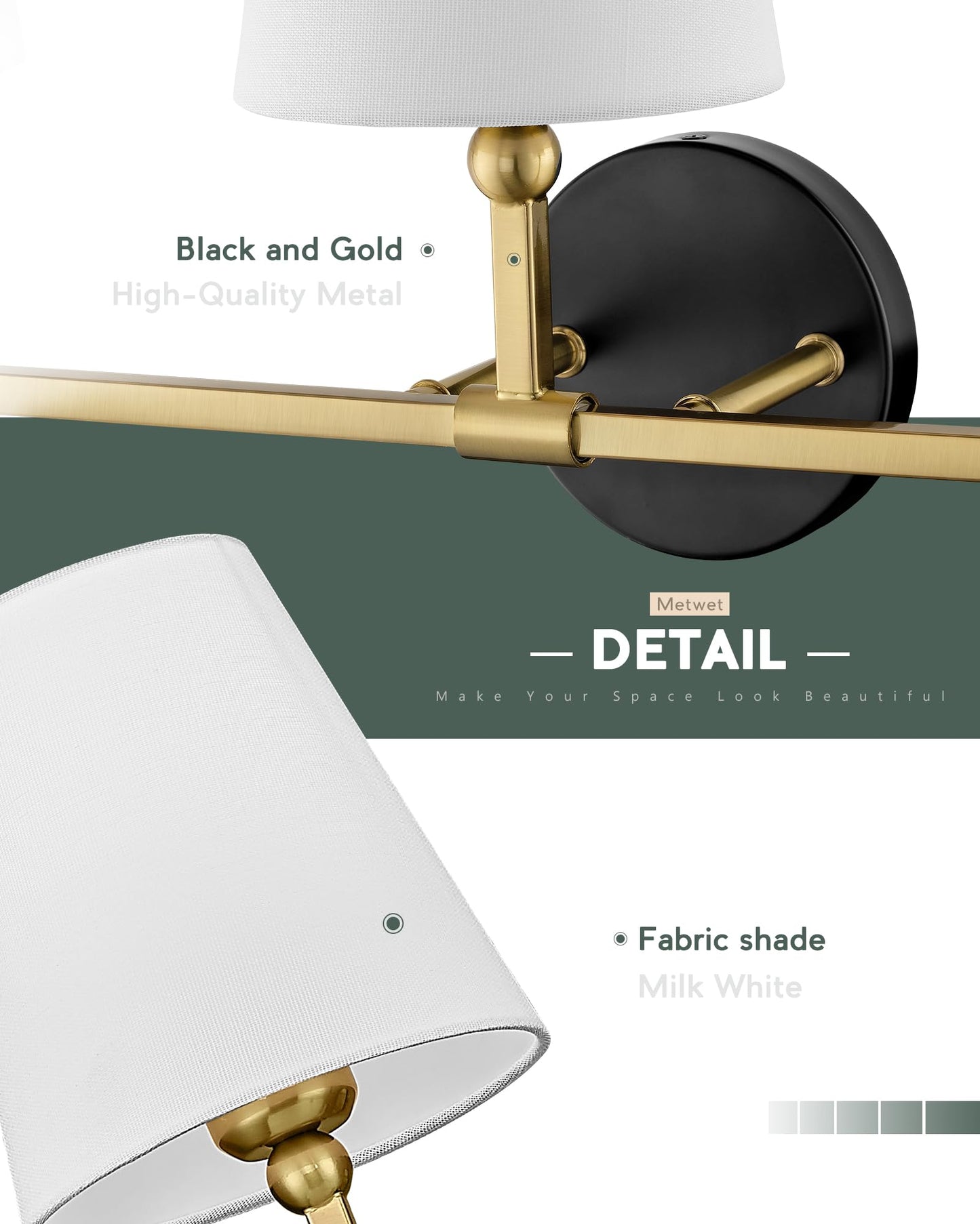 Metwet Bathroom Light Fixtures  Black And Gold Vanity Lights With Flared White Fabric Shade  3-Light Wall Sconce  Modern Sconces Wall Lighting For Hallway Bedroom  Vl837-Kg-3