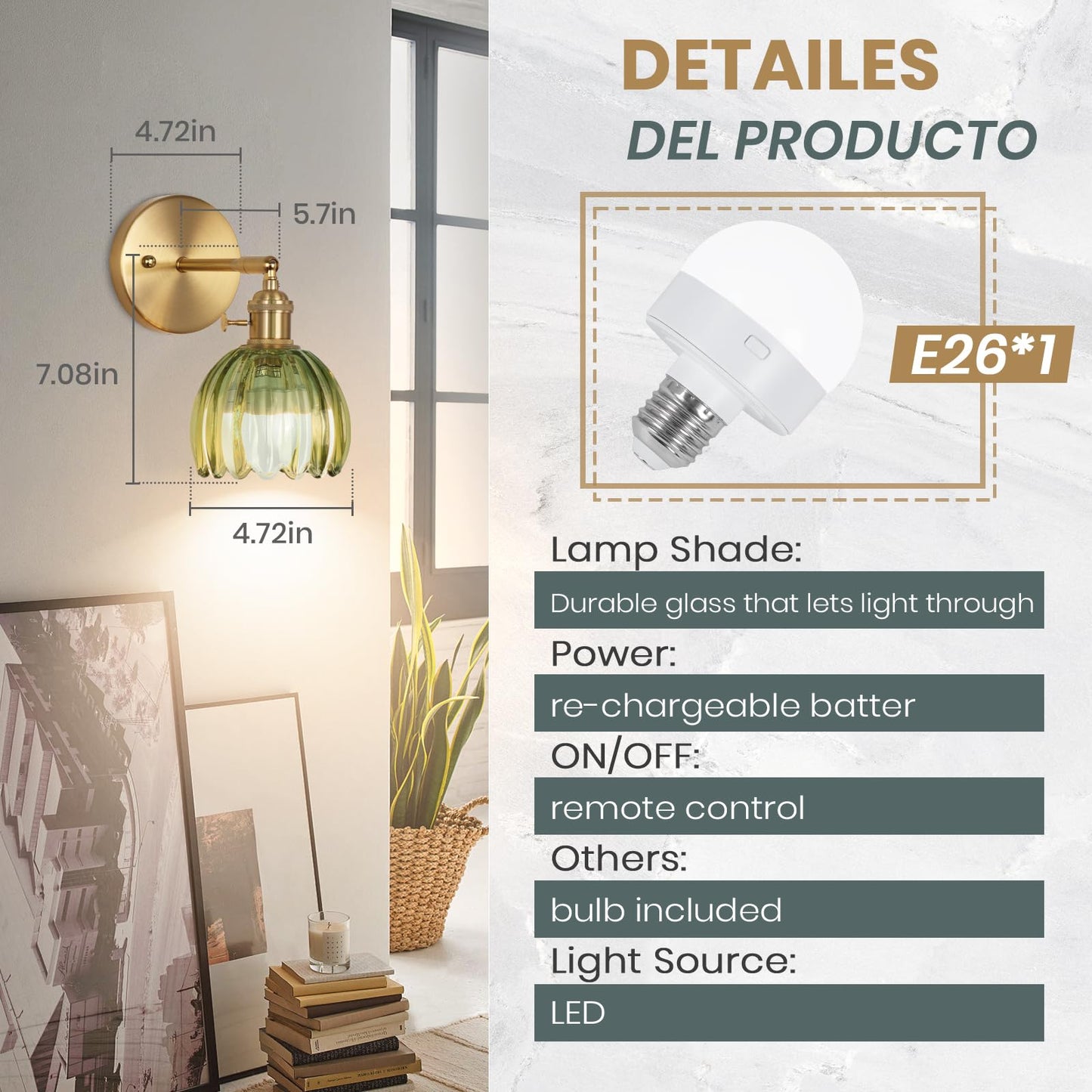 EIDEARAY Battery Operated Wall Sconce, Vintage Design, Glass, Tulip Green, Model YLC-BRO3TB, Remote Control, Rechargeable