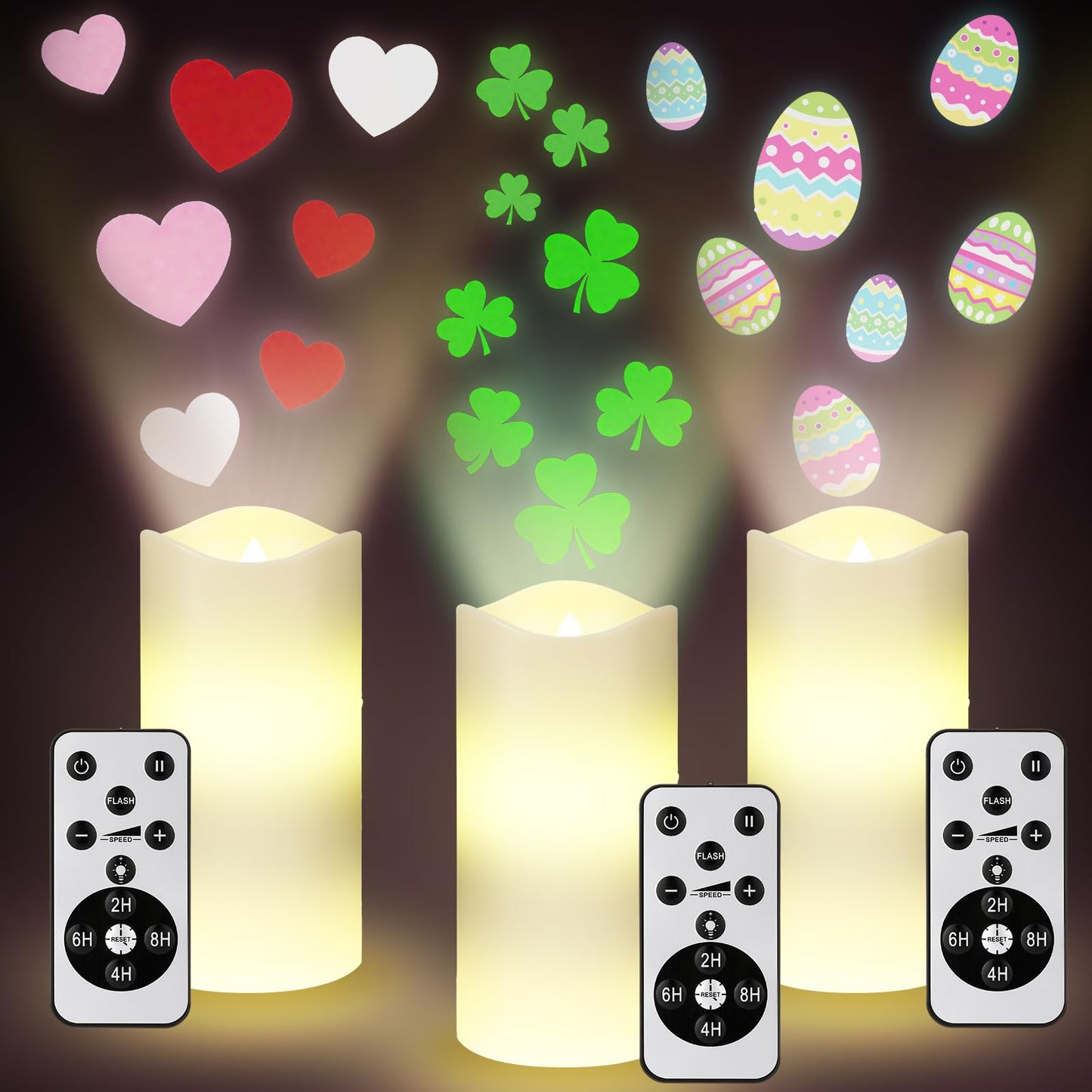 Baquler Valentine's Day Flameless Candles Projector Lights St. Patrick's Day LED Candle Easter Night Light with Remote and Timer Battery Operated Electric Gifts for Holiday Spring Table Home Decor