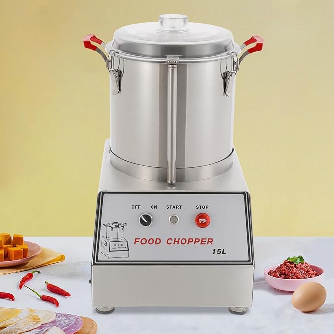 1400W Commercial Food Processor, 15L Stainless Steel Electric Food Chopper Machine, 1400RPM Grinder with Safety Lock & Clear Lid