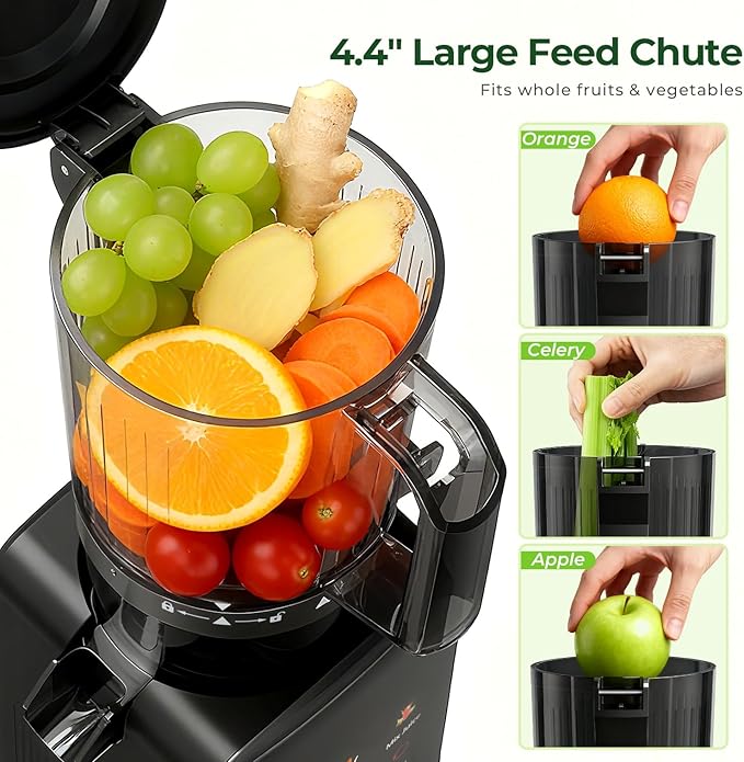 Cold Press Juicer Machine, 4.4" Wide Feed Chute, Slow Masticating Juicer for Whole Vegetables & Fruits, Easy to Clean & Assemble, Dishwasher Safe, High Juice Yield, Digital Color Control Panel