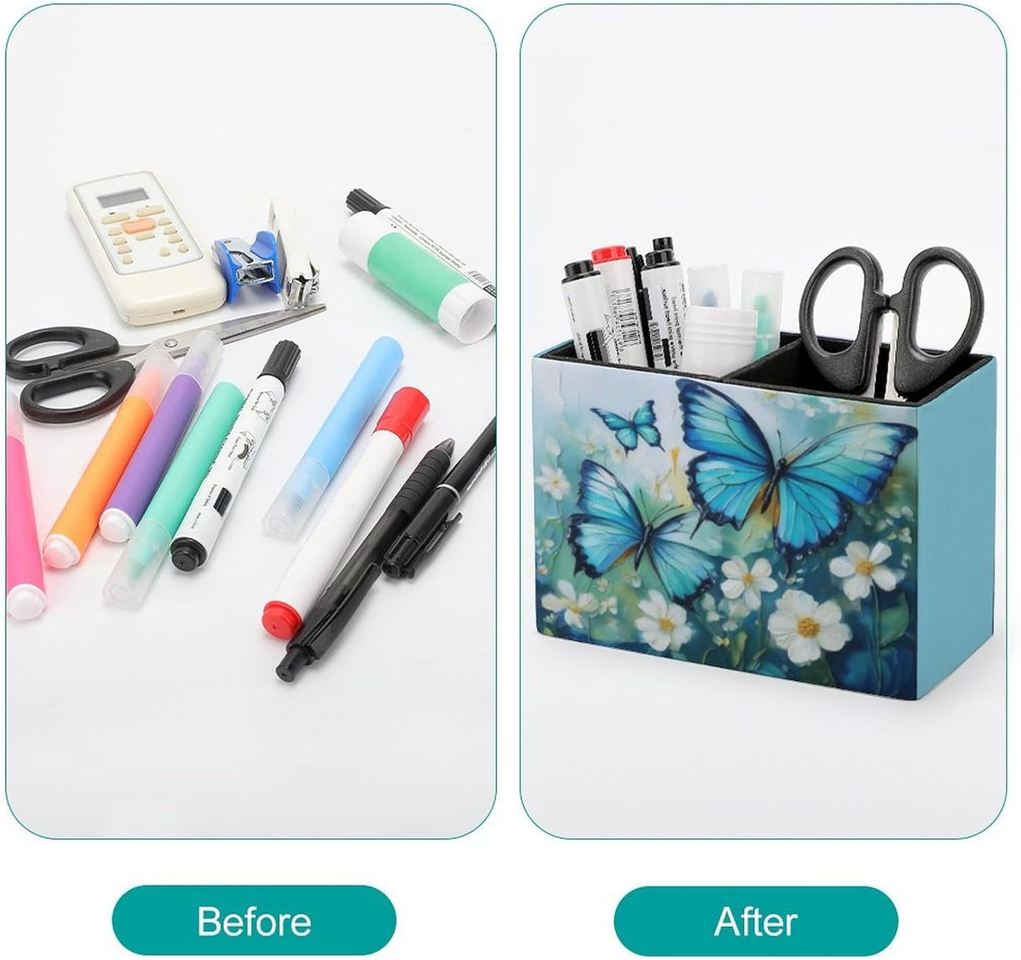Blue Butterfly Floral Lether Pen Holder for Desk Makeup Brush Holder Office Organizer Desk Accessory for School Office