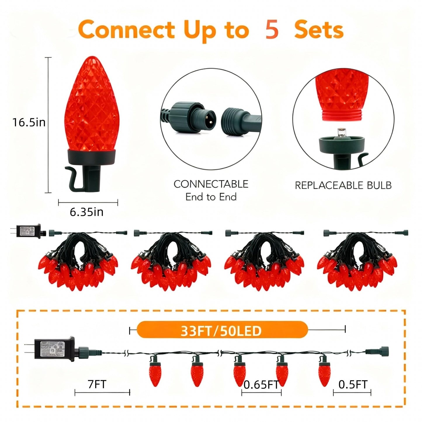 Ucutely C9 Led Christmas Lights Outdoor 33 Feet 50 Led 8 Lighting Modes Waterproof Connectable Christmas String Lights For Outside Roofline Patio Home Xmas Decorations (Red)