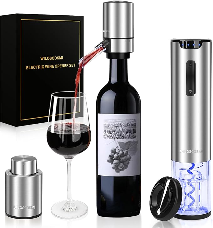 Electric Wine Opener & Automatic Wine Bottle Opener Rechargeable - 4-in-1 with Electric Wine Aerator & Dispenser, Foil Cutter and Vacuum Stopper, Wine Gift Set for Women, Men