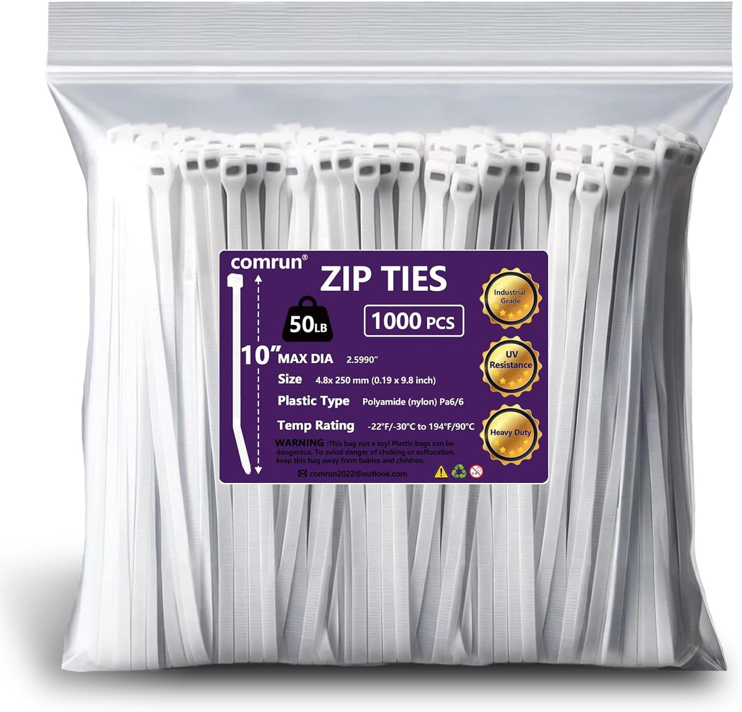 1000pcs 10Inch Nylon Zip Ties, 50 Pounds Tensile Strength, Industrial Grade, White Cable Tie, UV Resistant,Heavy Duty,for Home,Garden Trellis,Office,Garage and Workshop