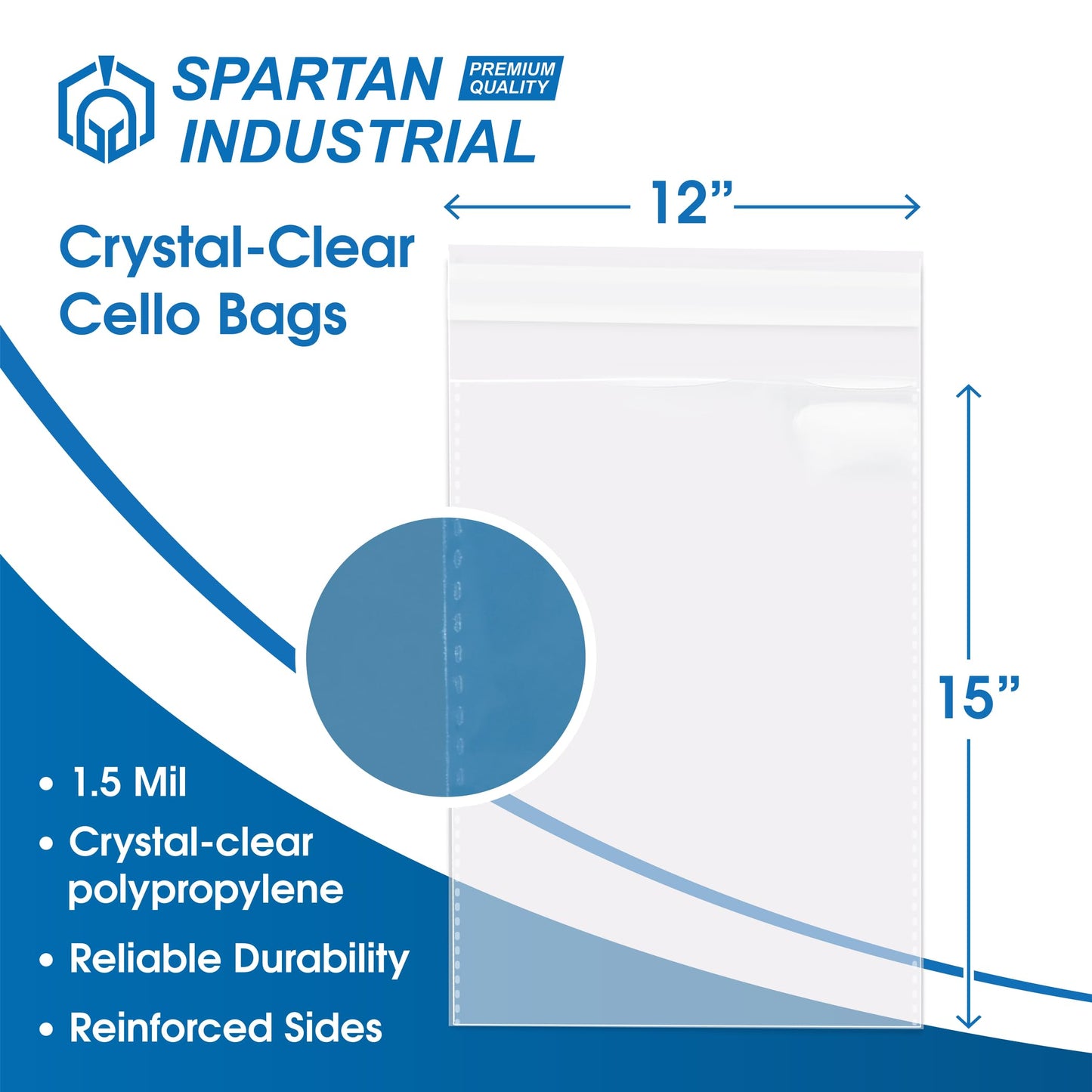 Spartan Industrial - 12" X 15" (100 Count) Crystal Clear Resealable Cello Poly Bags for Packaging, Clothing & T Shirts - Self Seal & Reinforced