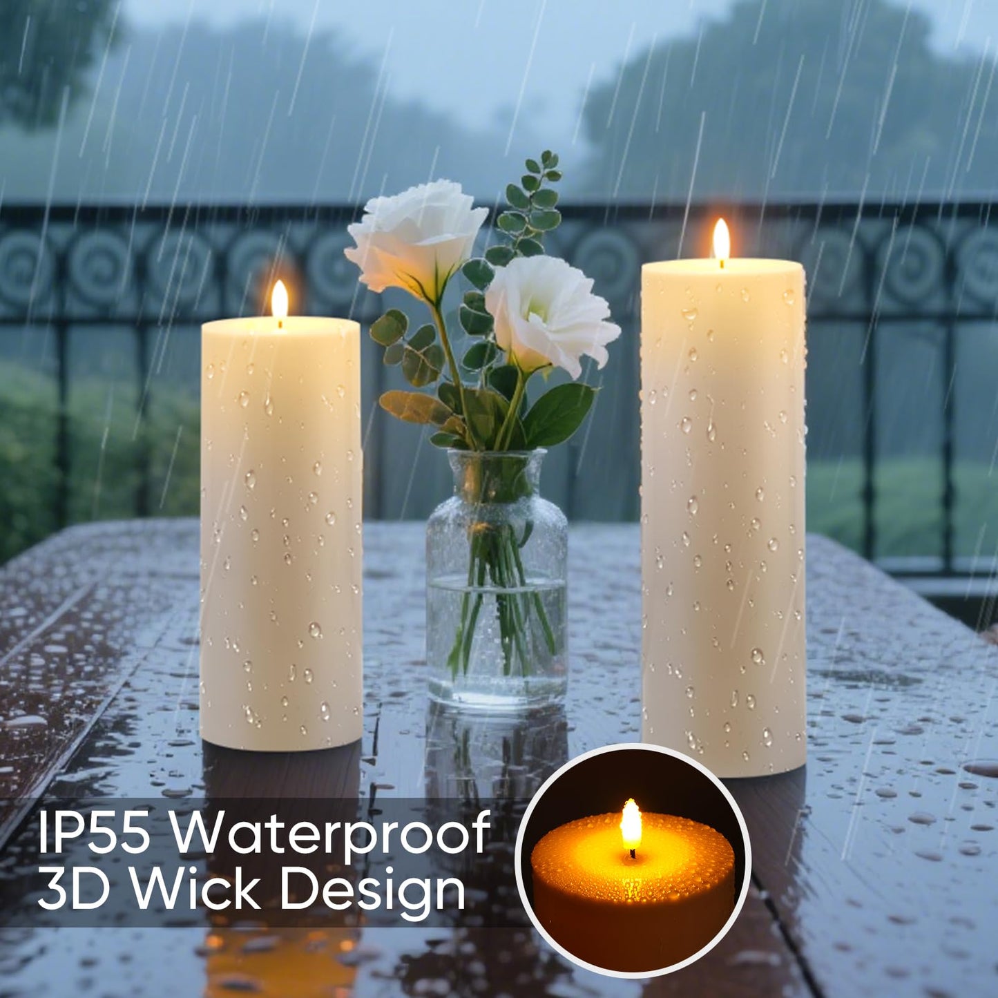 Raycare 2Pcs 4'' X 12'' Large Waterproof Outdoor Flameless Candle, Battery Operated LED Candles with Remote Control and Timer, Electric Fake Plastic Pillar Candles, Ivory