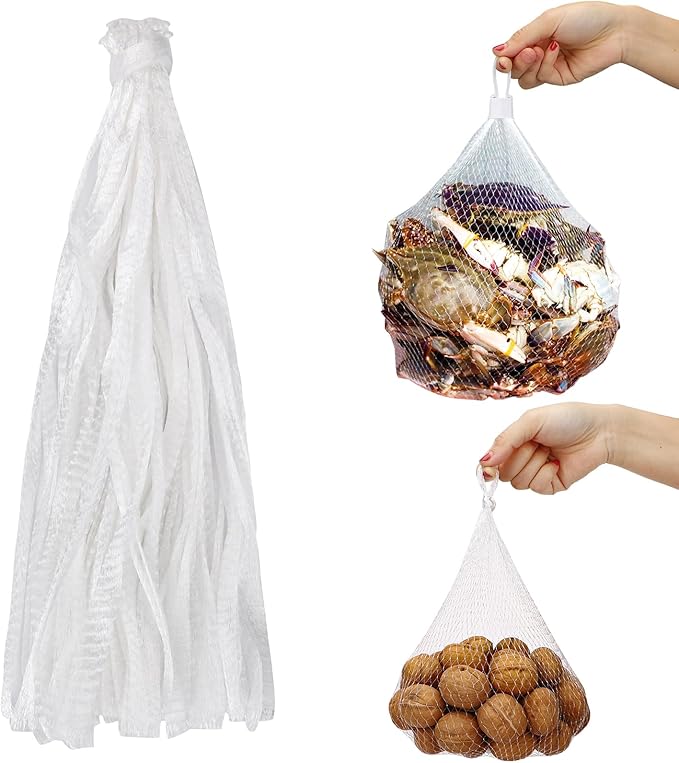 100 Pack Reusable Produce Bags, Seafood Boil Bags with Loop-Style Closures, Mesh Bags for Crawfish Boil Party Supplies Crab Boil Garden Trellis Fruit Hammock Onion Storage, 23.6 inch White