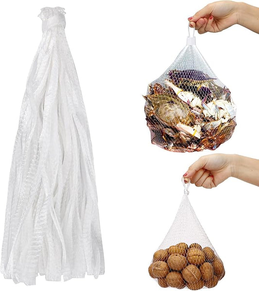 100 Pack Reusable Produce Bags, Seafood Boil Bags with Loop-Style Closures, Mesh Bags for Crawfish Boil Party Supplies Crab Boil Garden Trellis Fruit Hammock Onion Storage, 23.6 inch White
