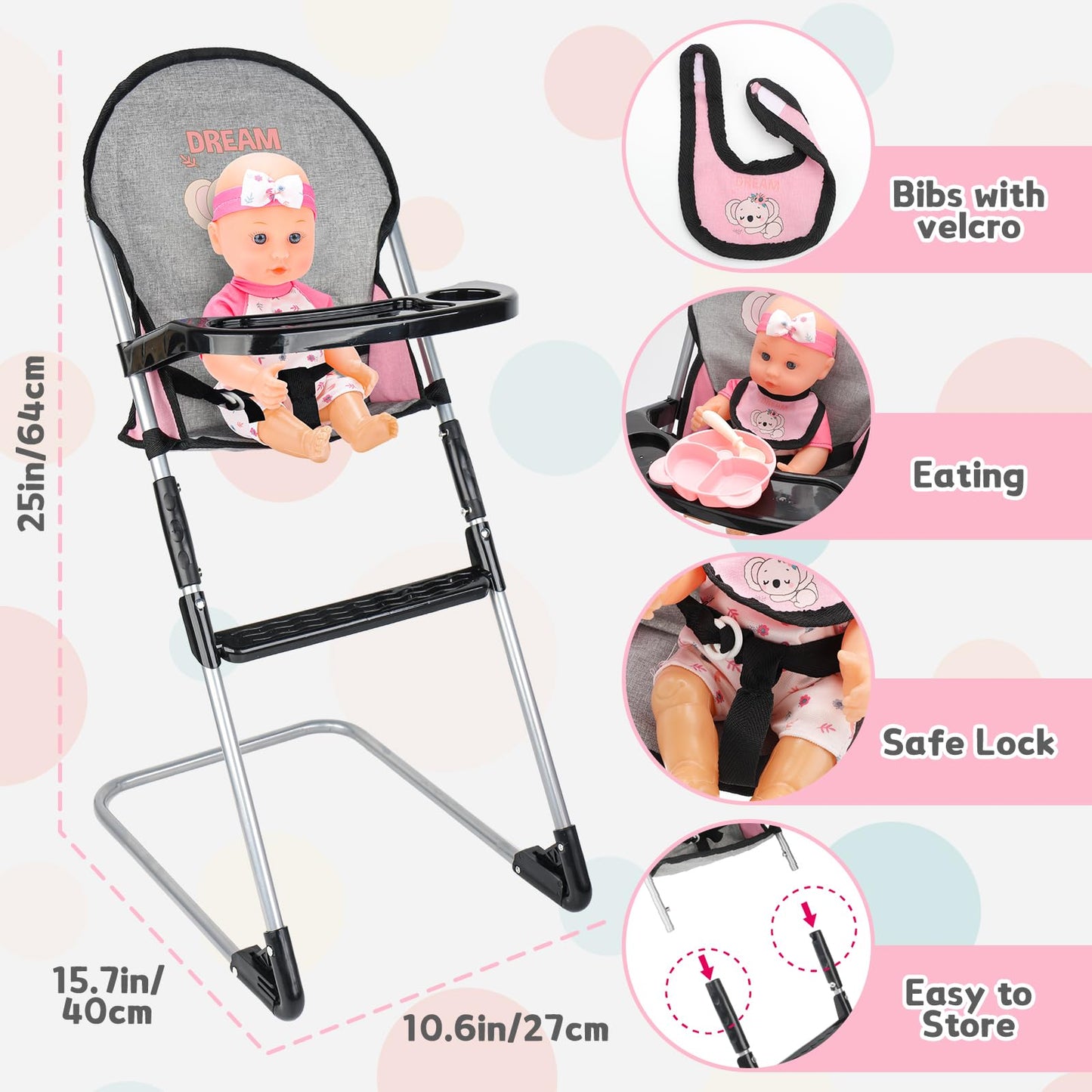 deAO Baby Doll Accessories Baby Doll Playset Furniture Set Baby Doll Crib High Chair Diaper Bag, Pretend Play Role Play Doll Accessories Set, Birthday Gifts for Kids Girl Boy
