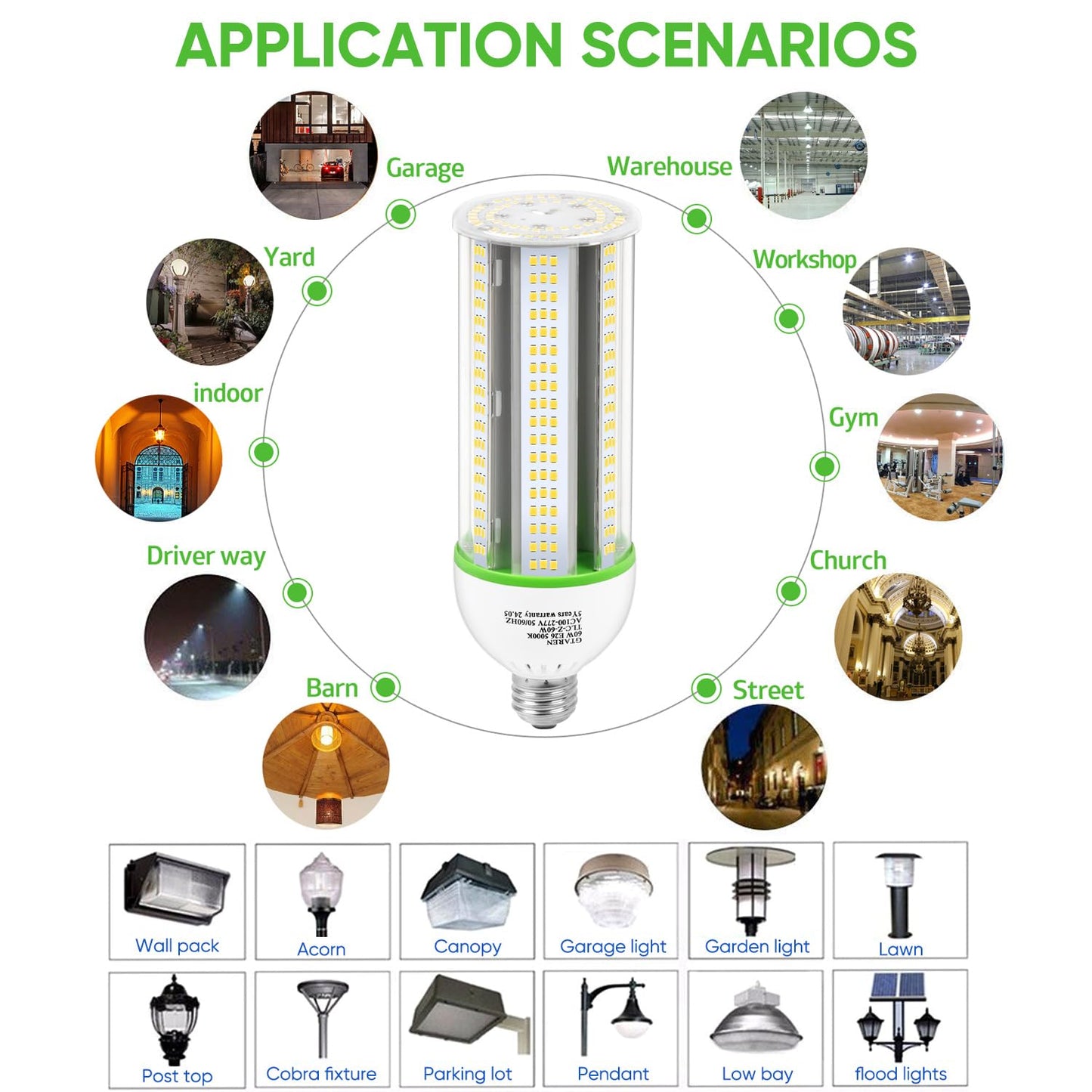 Gtaren 60W Led Corn Cob Bulb 600W Equivalent 5000K Daylight E26/E39 Base  8400 Lumens - Replace Cfl/Metal Halide/Hps For Warehouse Workshop Gym Yard Basement Lighting