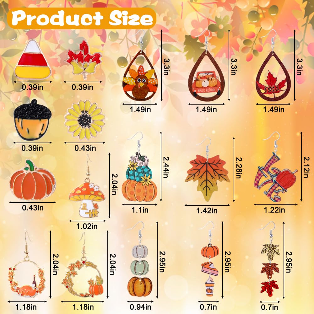 JOICEE 34 PCS Fall Thanksgiving Earrings Set,Autumn Earrings Set Pumpkin Turkey Maple Leaf Sunflower Wooden Dangle Earrings Stud