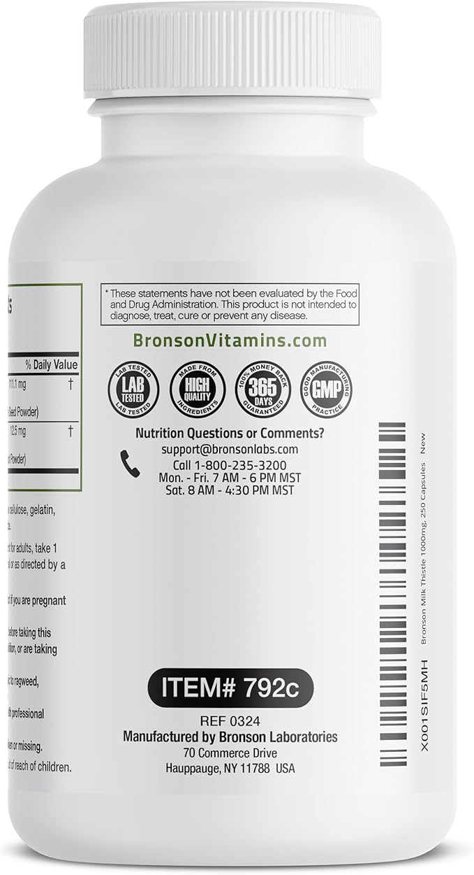 Bronson Milk Thistle Silymarin Marianum & Dandelion Root Liver Health Support, Antioxidant Support, Detox, 250 Capsules