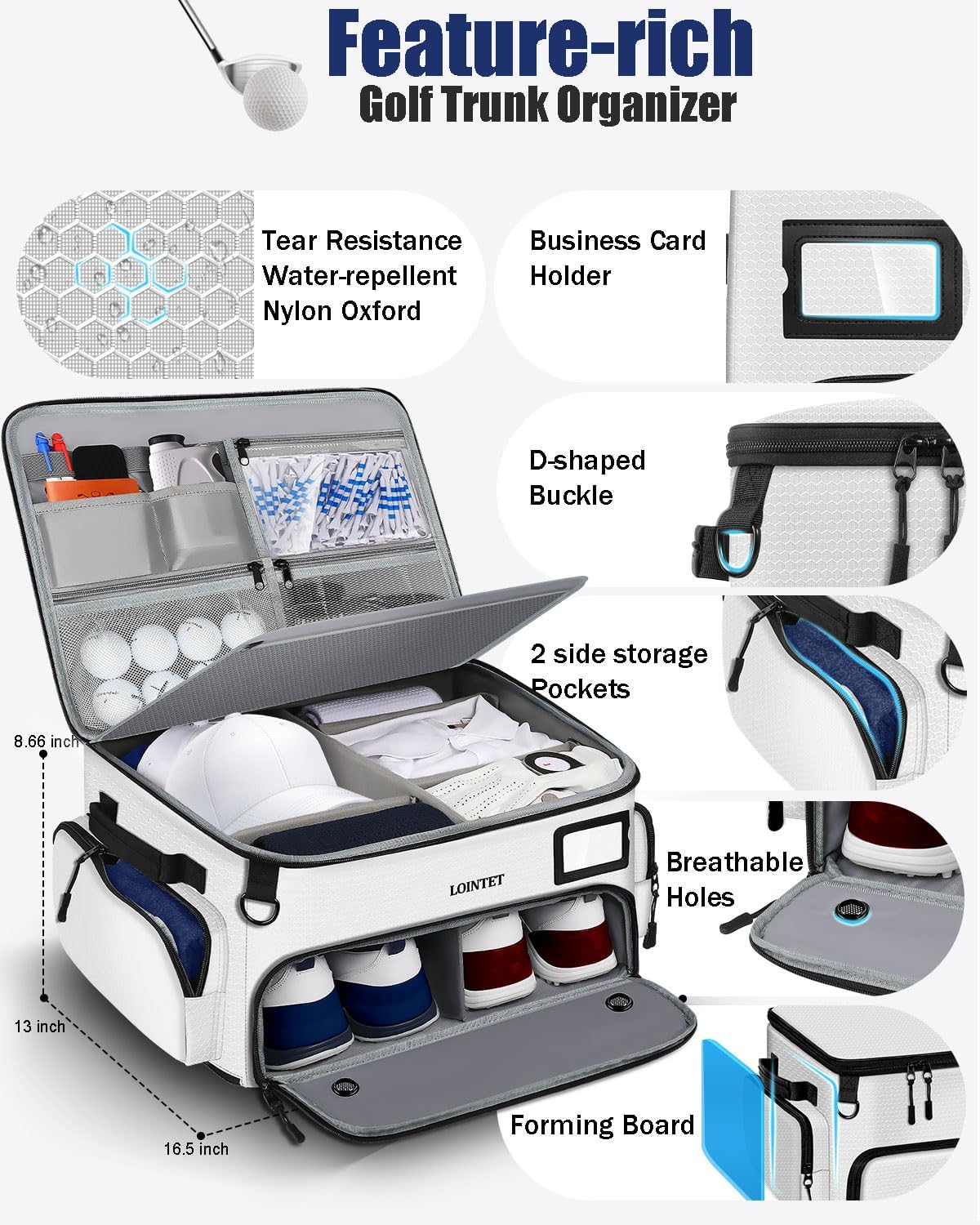 Golf Trunk Organizer, Waterproof Car Golf Locker with Separate Ventilated Compartment for 2 Pair Shoes, Golf Storage for Balls, Tees, Cap, Clothes, Gloves, Accessories, Gifts for Men, Women