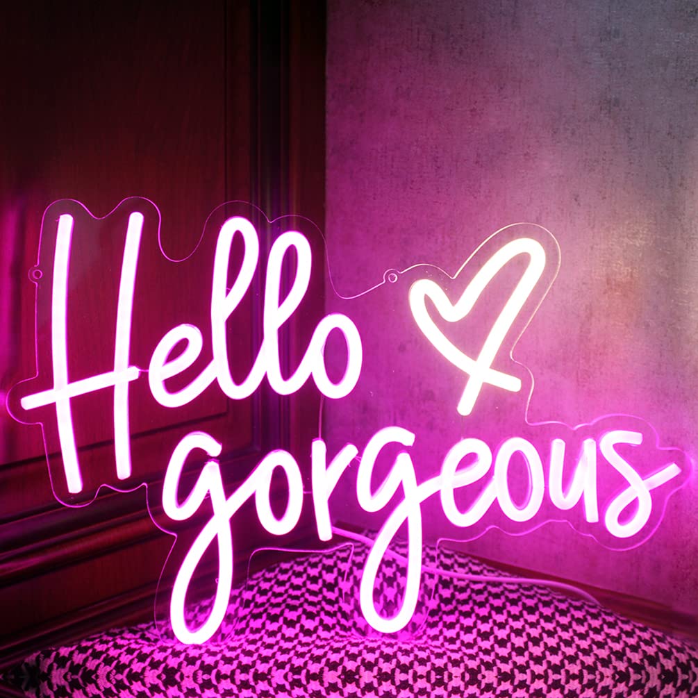 DAKABUKA Neon Signs Pink LED Light, Dimmable Switch, 16.5x11 inches, Acrylic, Model NL008-hello gorgeous, Wall Art for Home Decoration