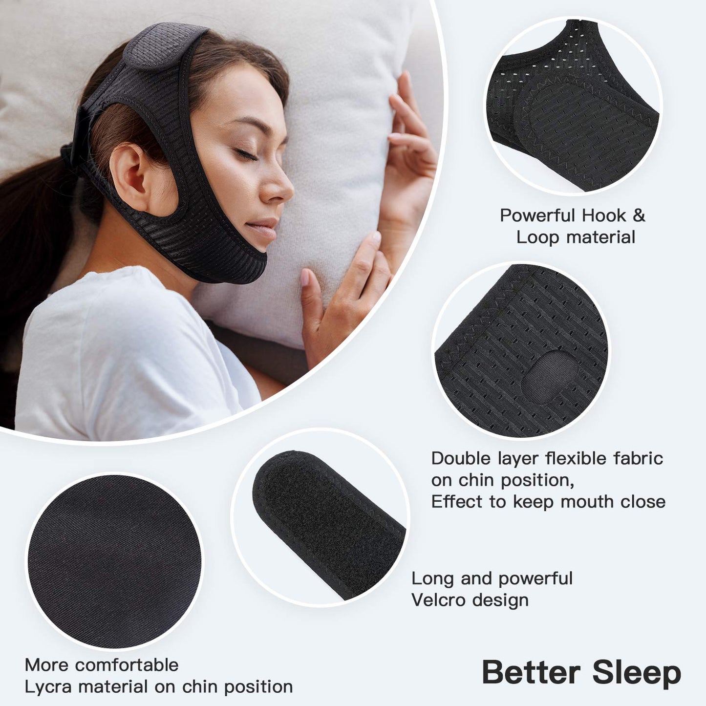 Anti Snore Chin Strap [Upgraded], Vosaro Snoring Solution Effective Anti Snore Device, Adjustable and Breathable Stop Snoring Head Band for Men Women, Black