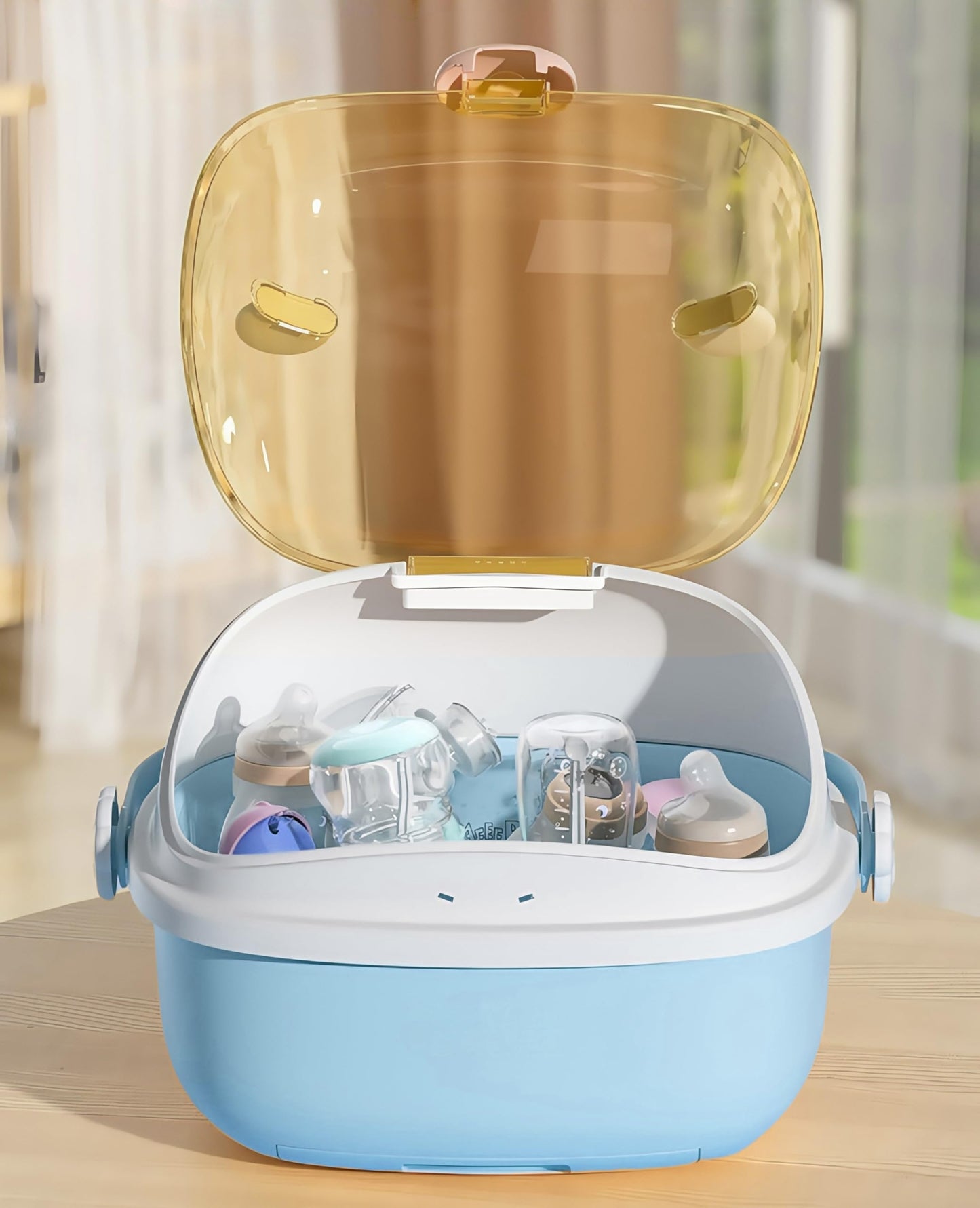 QDTTSRY Baby Bottle Drying Rack Storage, Nursing Bottle Storage Box Organizer with Cover, Portable Kitchen Cabinet Organizer, Durable countertop Dryer (Light Sky Blue)