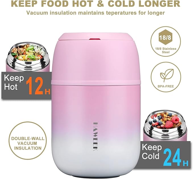 Insulated Soup Thermo 17oz - Stainless Steel Vacuum Lunch Box for Adults, Kids Leakproof Hot Food Container with Handle Folding Spoon (School Office Outdoor)