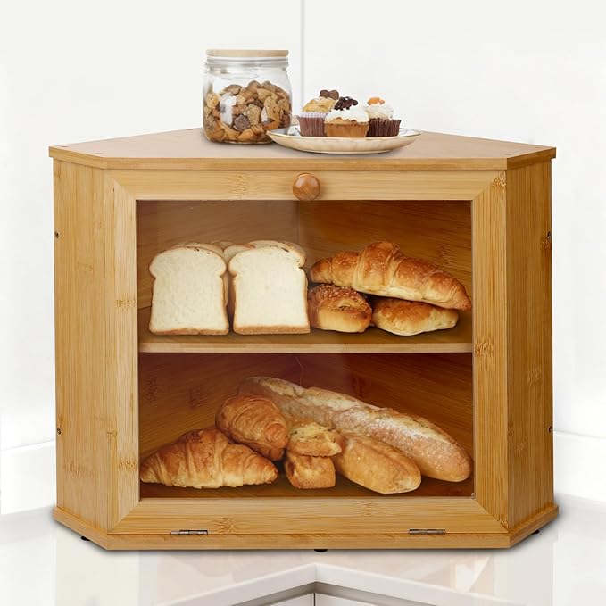 Bamboo Corner Bread Box for Kitchen Countertop, Log Bread Storage Box, Double-Layer Round Wooden Breadbox with Acrylic Transparent Window installed under cabinets, Store Various Foods and Items