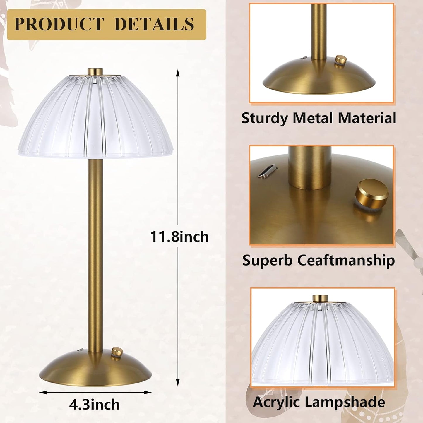 Liliful 2 Pcs LED Portable Cordless Table Lamp Touch Battery Operated Rechargeable Desk Lamp 3 Color Dimmable for Bedroom Living Room Dining (Mushroom Style,Gold)