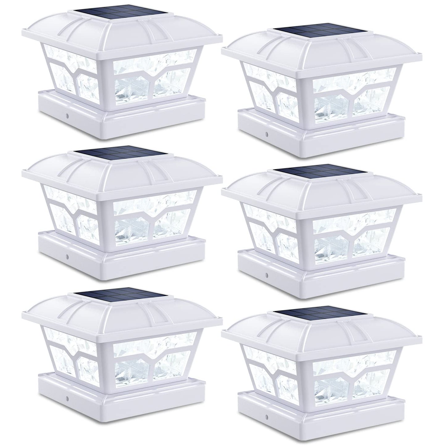 SIEDiNLAR Solar Post Cap Lights, 8 LEDs, 2 Color Modes, Plastic, 6 Pack, White, Model SD020W-6PK